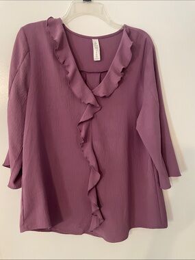 Ruffled V-Neck Blouse in Plum by Unknown Brand